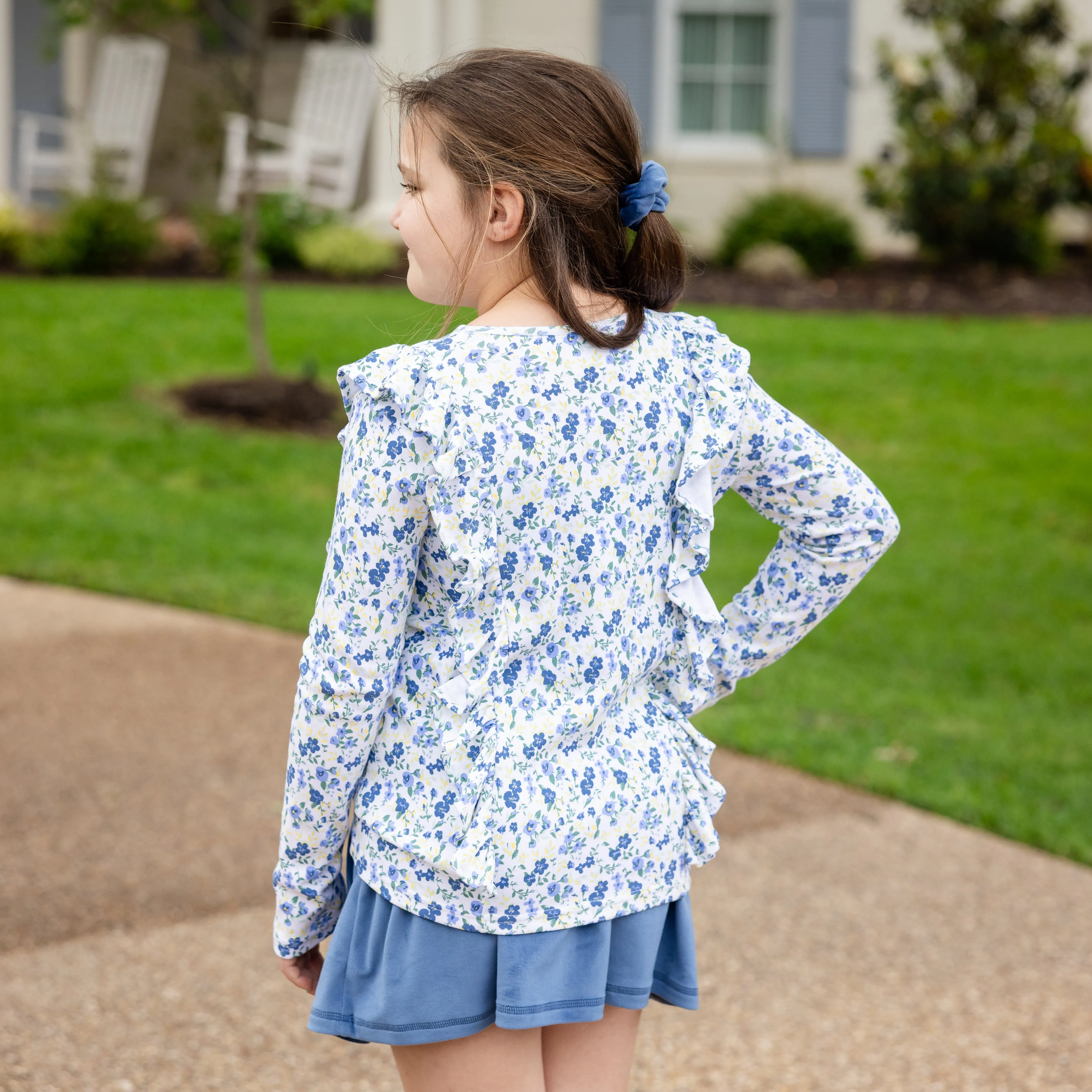 Abby Girls Top in French Blue Blooms