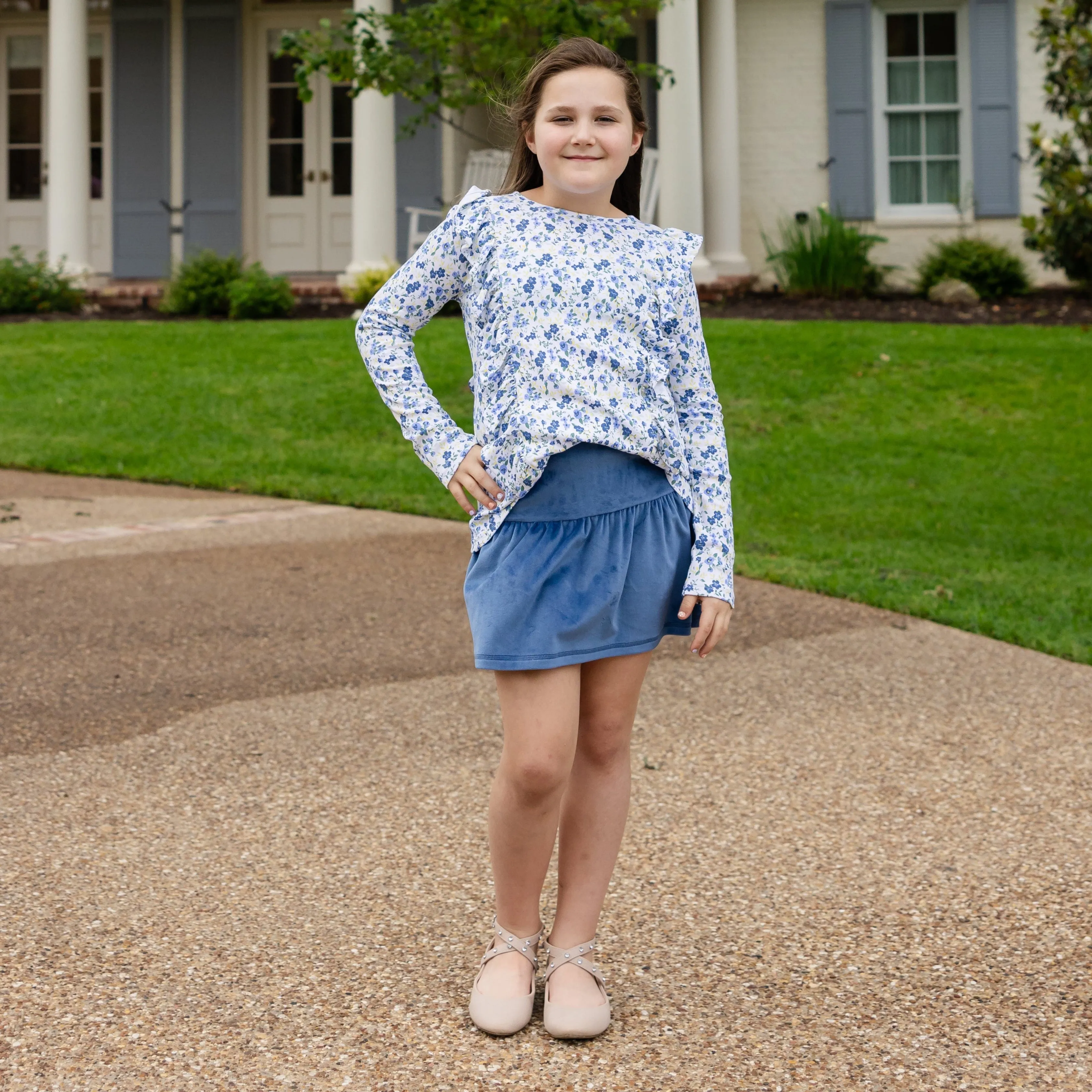 Abby Girls Top in French Blue Blooms