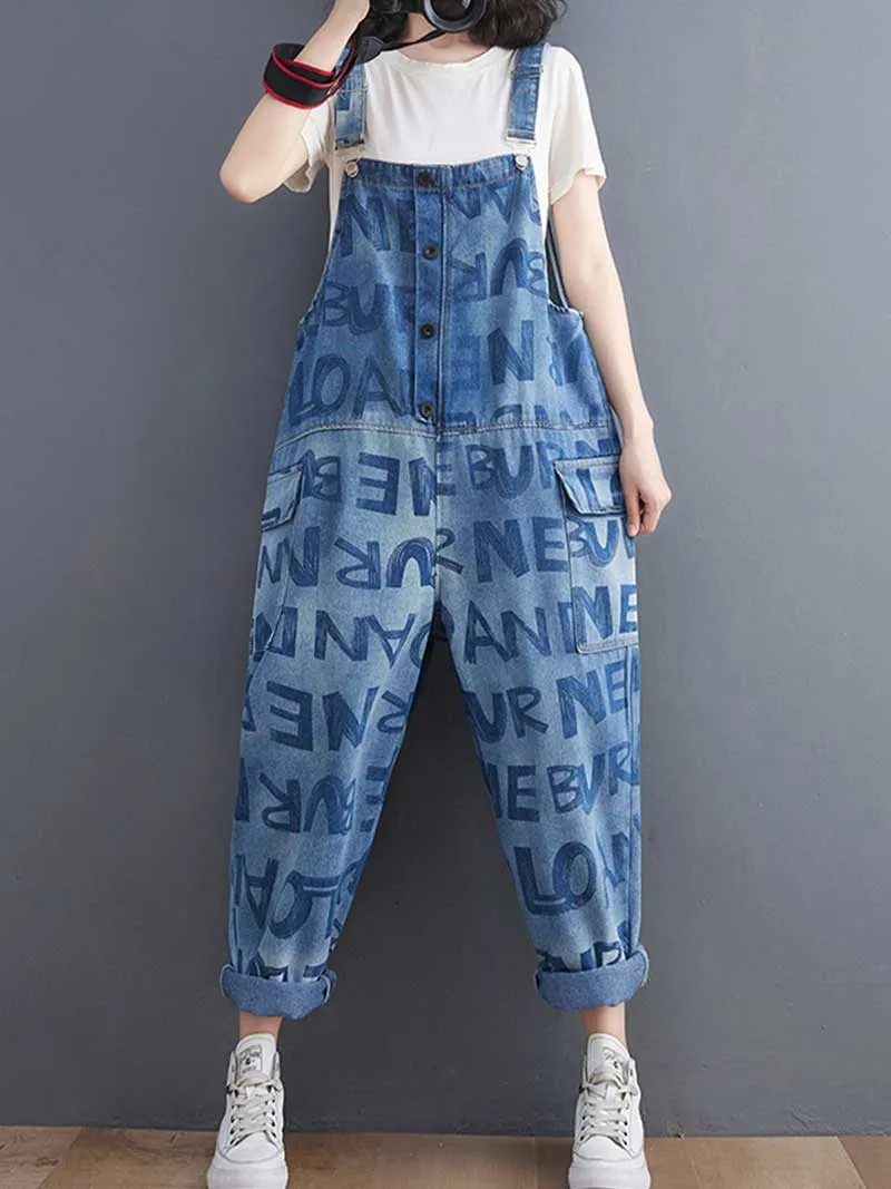 Alphabets Letter Print Denim High Waist Overalls Dungaree