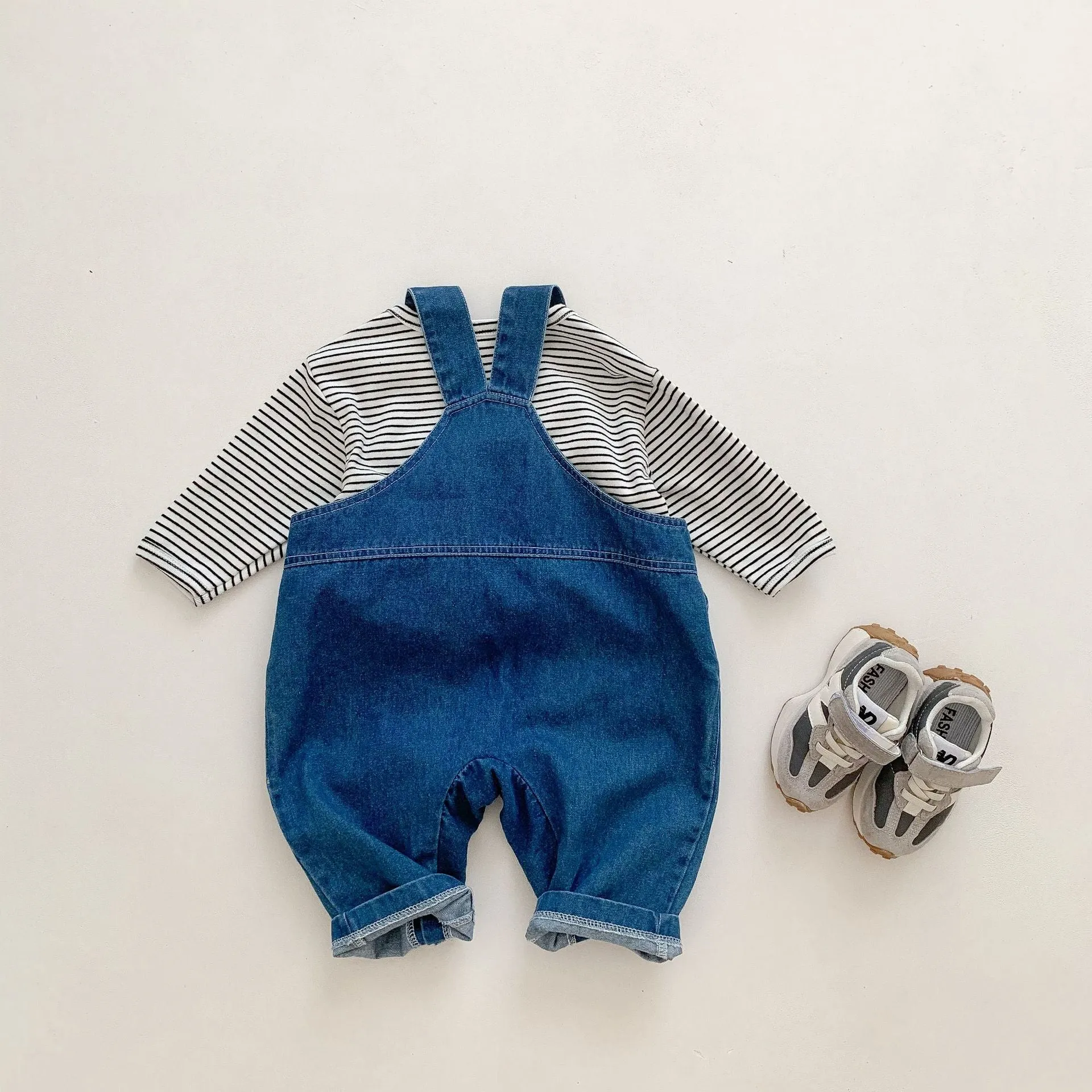 Baby Cartoon Denim Bear Overalls With Striped T-Shirt