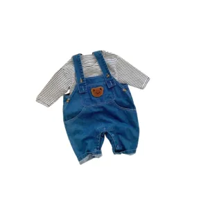 Baby Cartoon Denim Bear Overalls With Striped T-Shirt