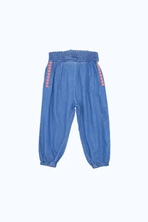 Baby Girls Blue Embroidered Harem Jeans