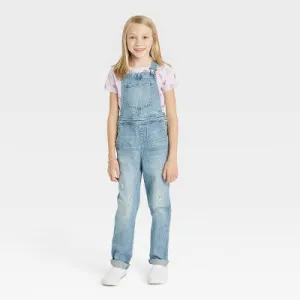 Cat & Jack Girls' Jean Denim Overalls Jumpsuit Bib Straight Leg, Light Wash Blue