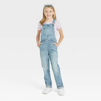 Cat & Jack Girls' Jean Denim Overalls Jumpsuit Bib Straight Leg, Light Wash Blue