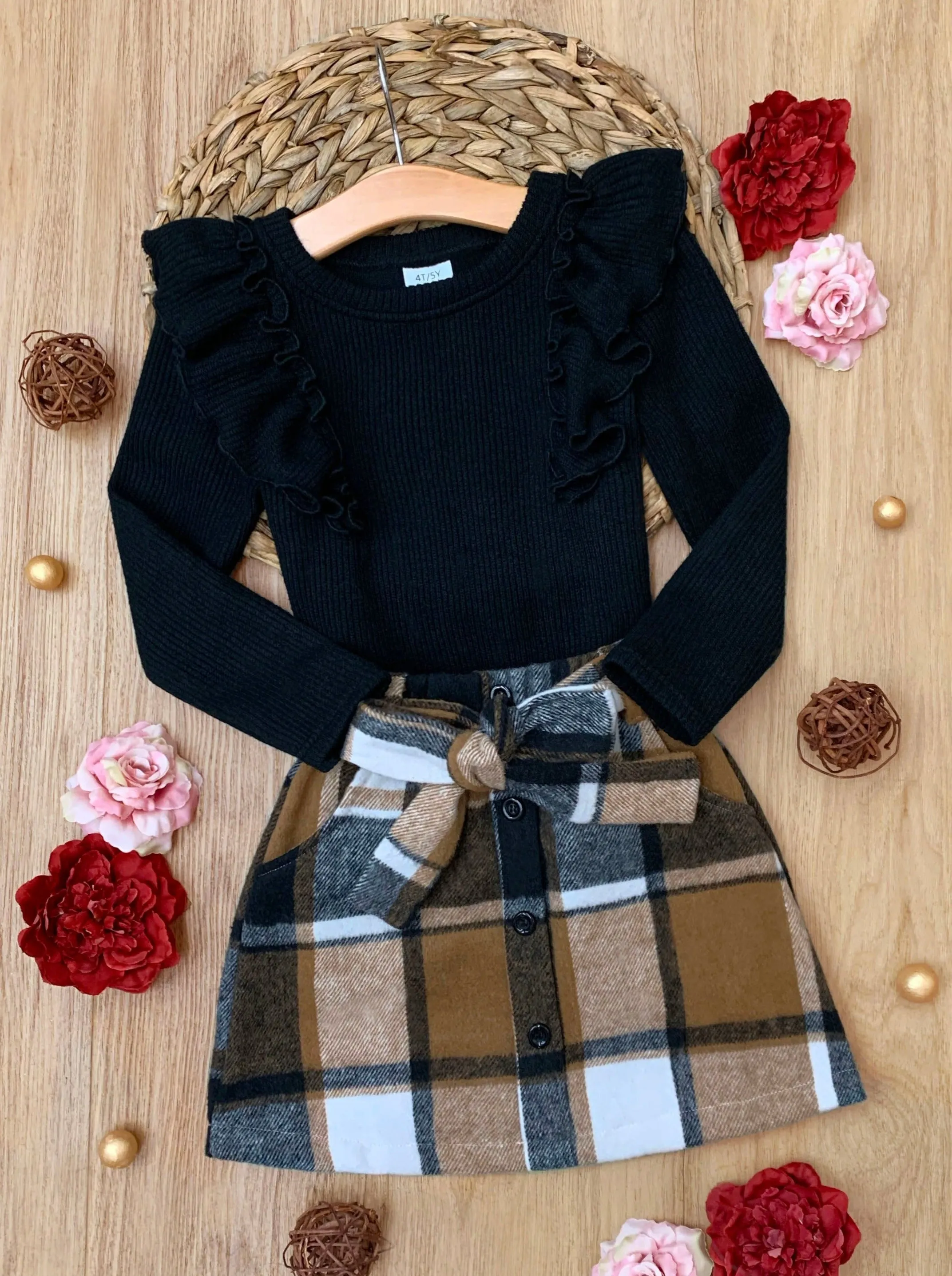 Classic Plaid Ruffled Top and Brushed Fleece Skirt Set