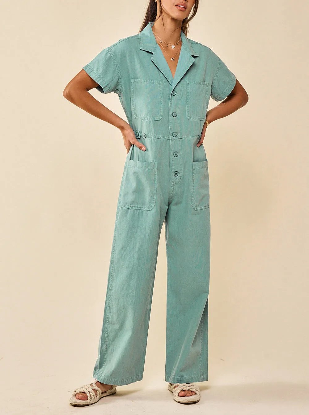 Day Out Utility Button Up Denim Jumpsuit Sage