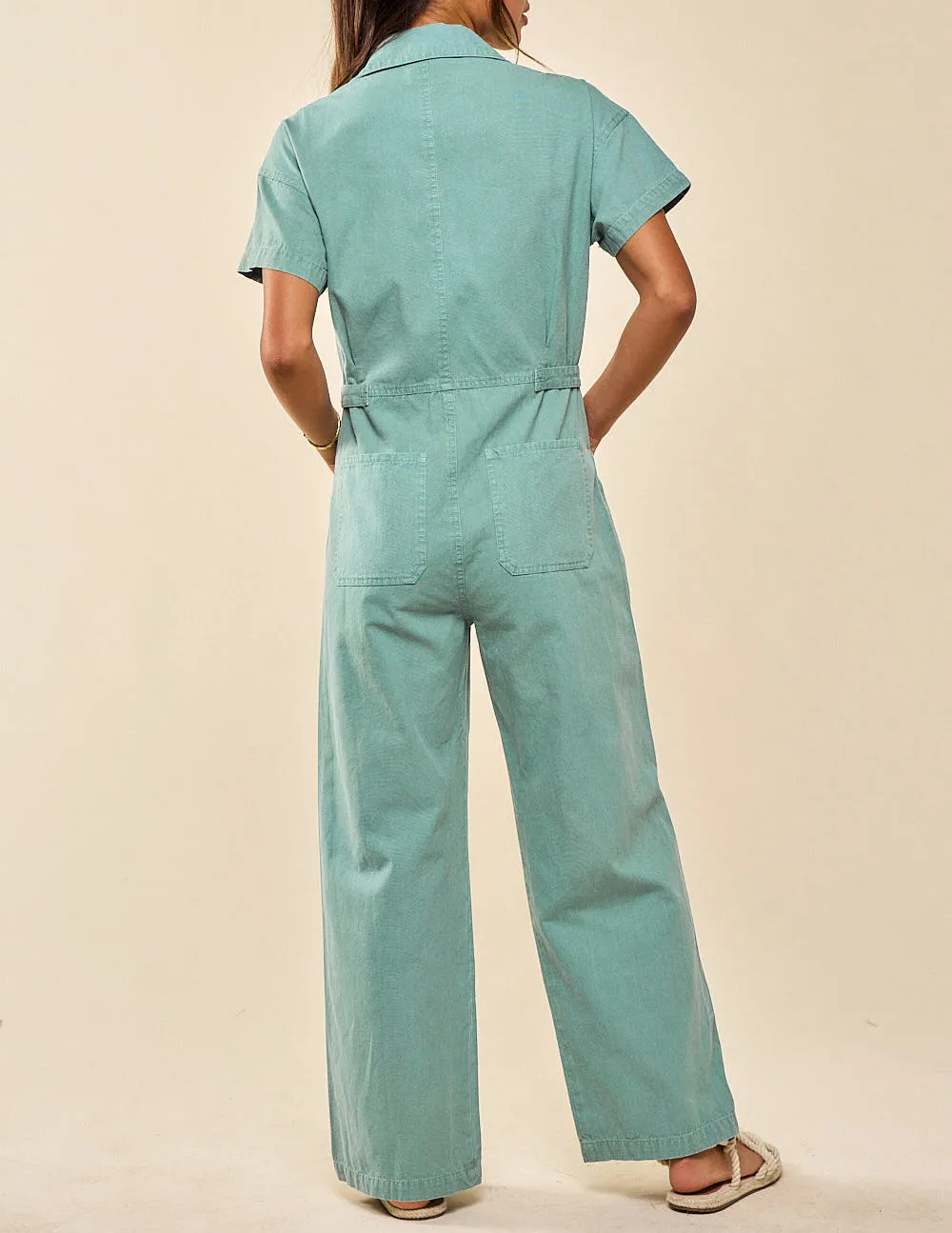 Day Out Utility Button Up Denim Jumpsuit Sage