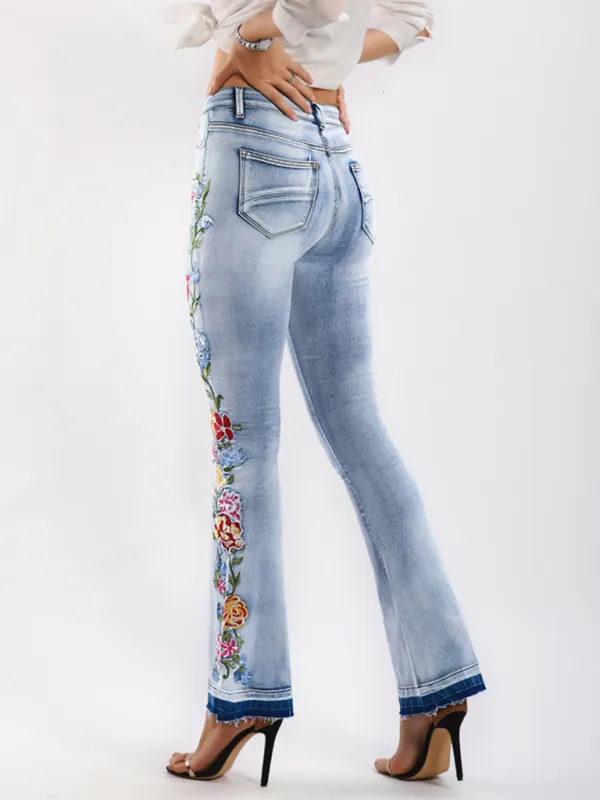 Floral Embroidered Denim Flare Pants