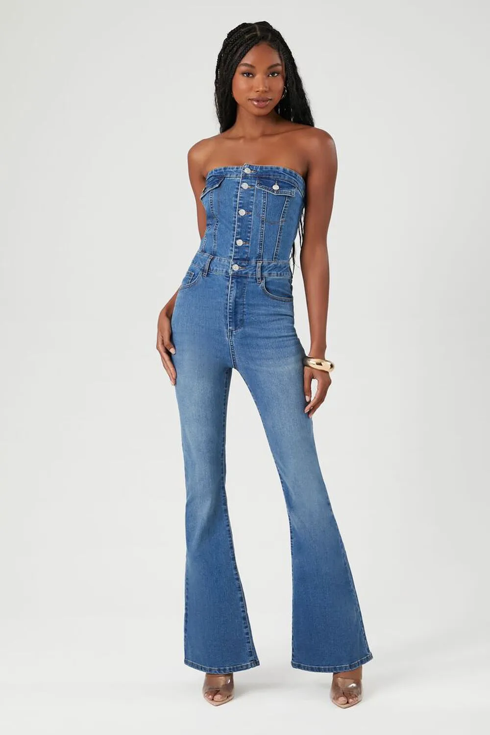 Forever 21 Denim Flare Leg Strapless Jumpsuit, Denim