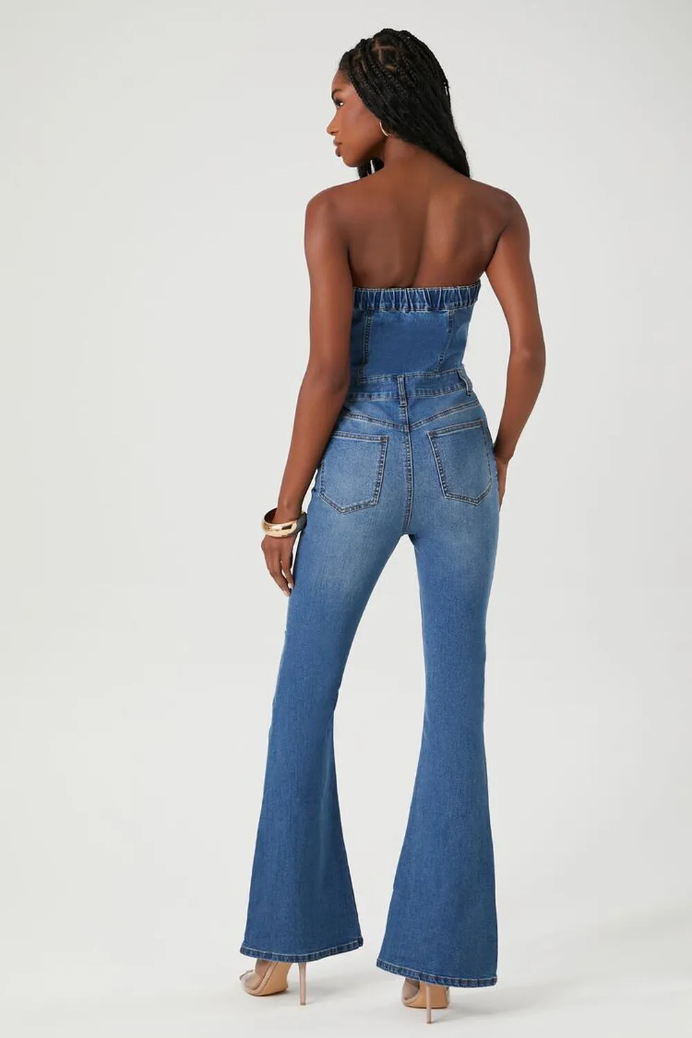 Forever 21 Denim Flare Leg Strapless Jumpsuit, Denim