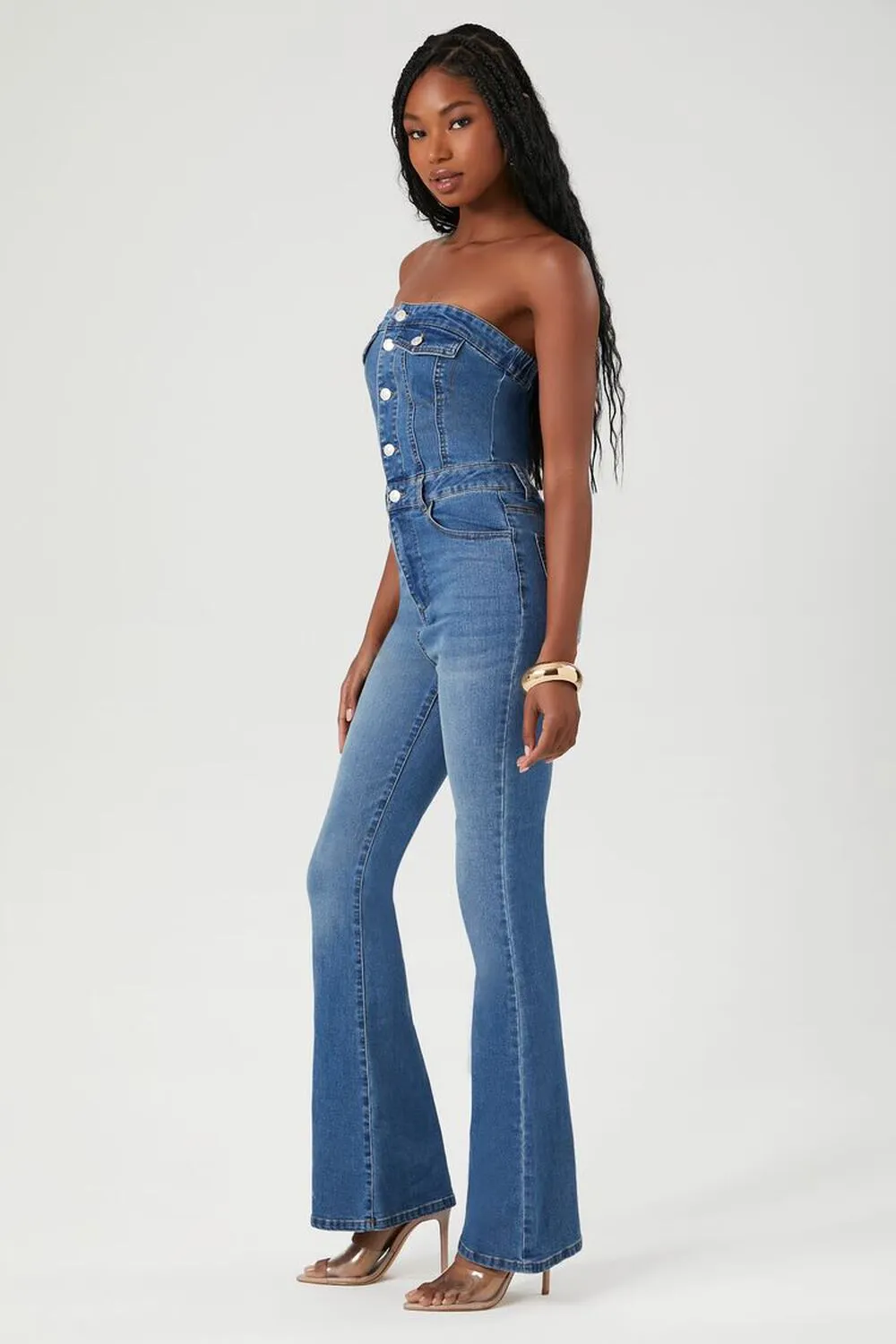 Forever 21 Denim Flare Leg Strapless Jumpsuit, Denim