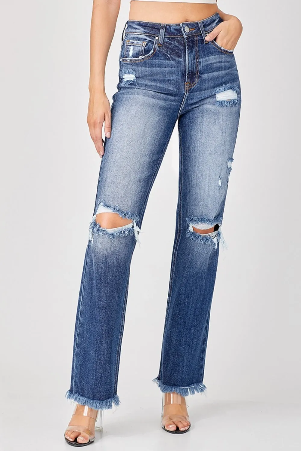 Full Size Raw Hem Distressed Straight Jeans