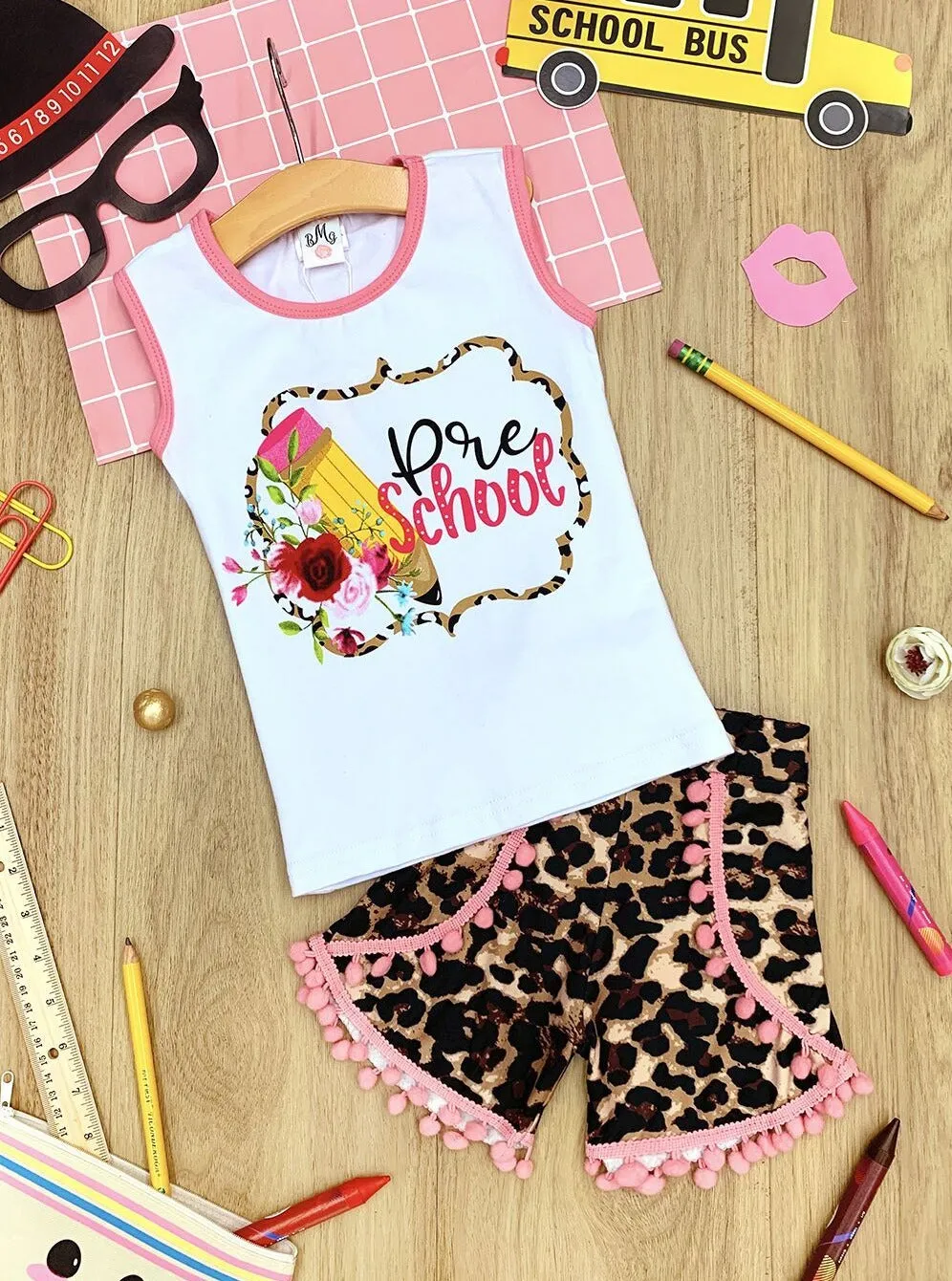 Girls 1st Day of School "Pre School" Printed Top And Animal Print Pom Pom Short Set