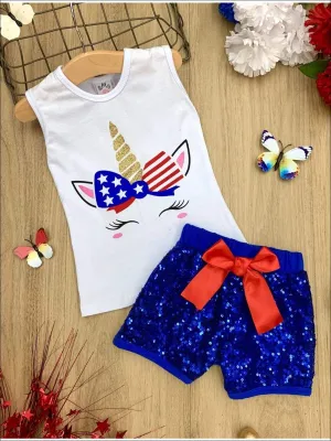 Girls 4th of July Themed Printed Top And Sequin Bow Short Set