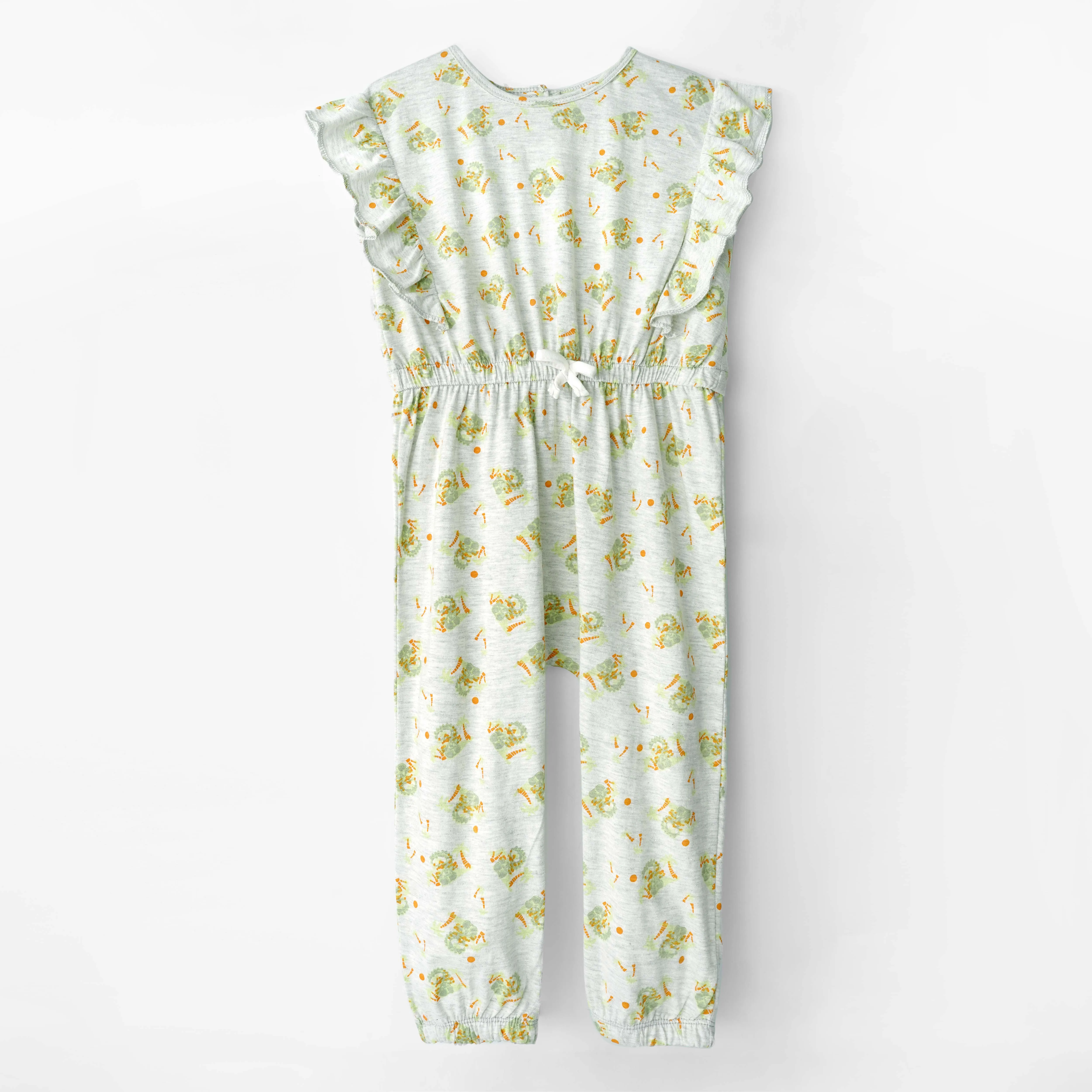 Girls All-Over Printed Soft Cotton Heather Grey Frill Jumpsuit