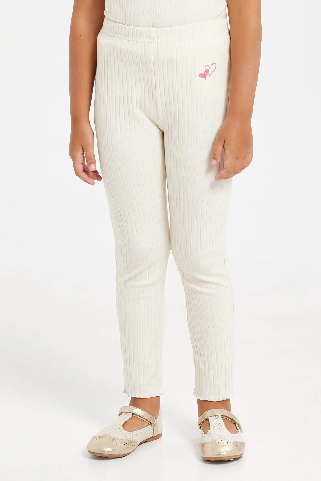 Girls Beige Ribbed Leggings