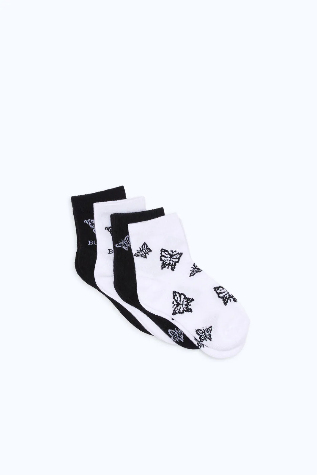 Girls Black And White Printed Ankle Socks Set (Pack Of 4)