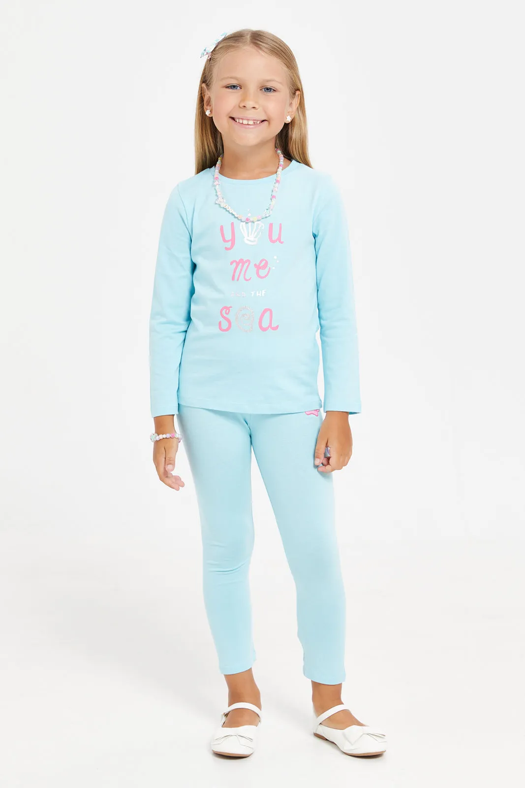 Girls Blue Placement Print Leggings