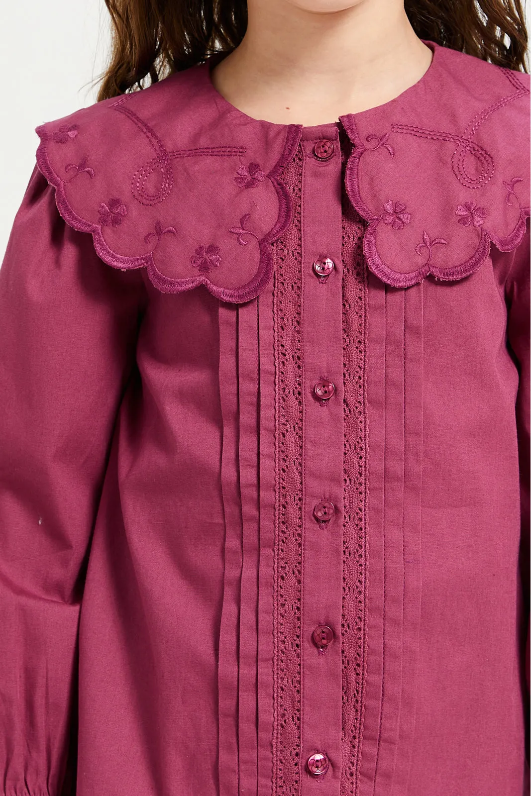 Girls Burgundy Embroidered Blouse