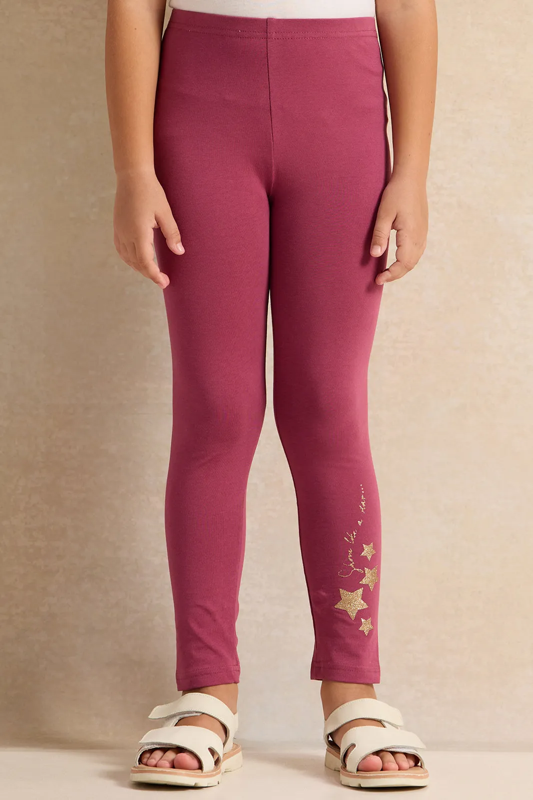 Girls Burgundy Printed Leggings