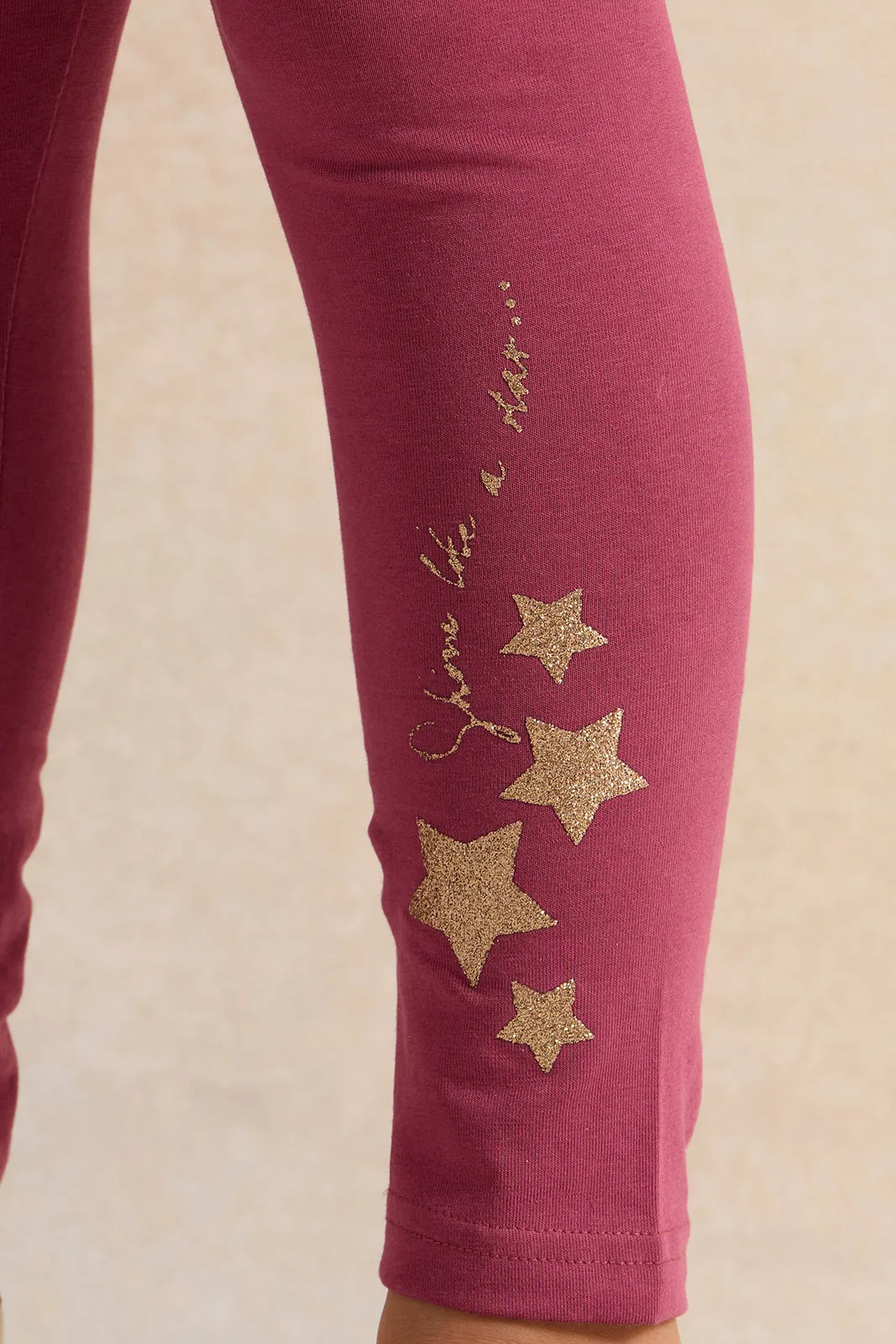 Girls Burgundy Printed Leggings