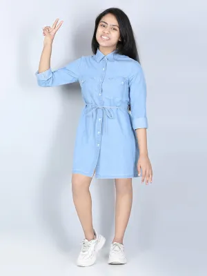 Girl's  Denim Dress With Triangular Pocket Flaps - StyleStone Kid