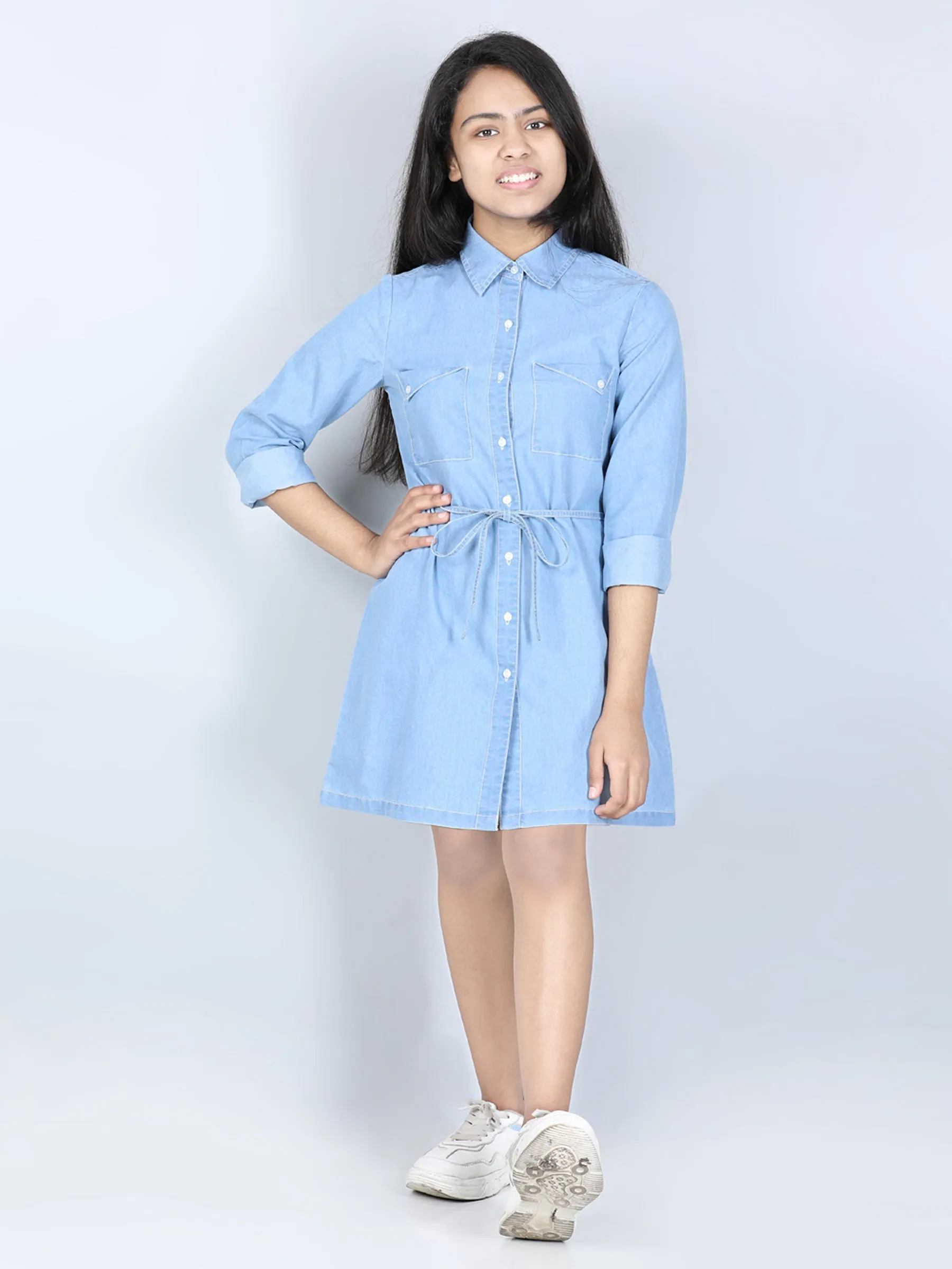 Girl's  Denim Dress With Triangular Pocket Flaps - StyleStone Kid