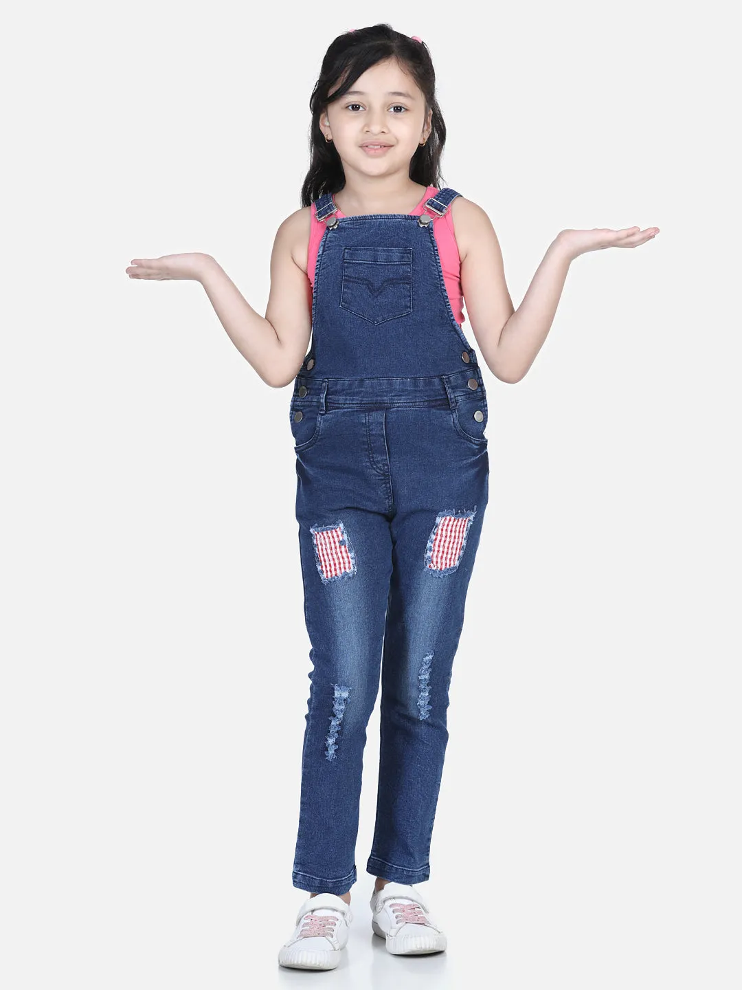 Girl's Denim Dungaree With Patchwork Denim (T-Shirt Not Included) - StyleStone Kid