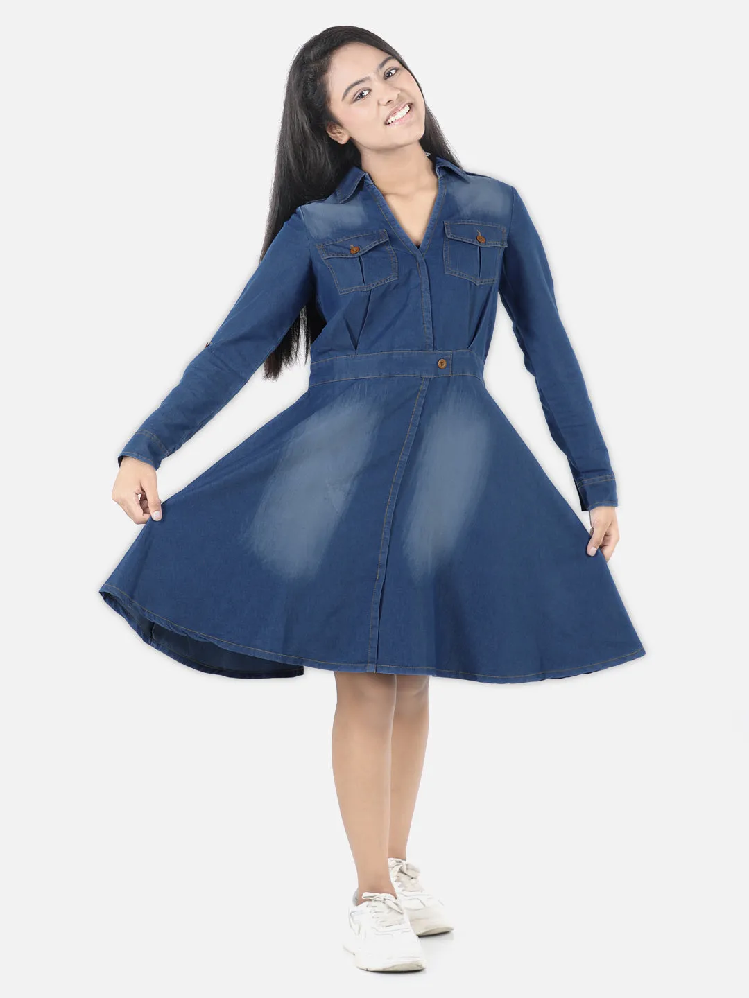 Girl's Denim Long Sleeve Dress - StyleStone Kid