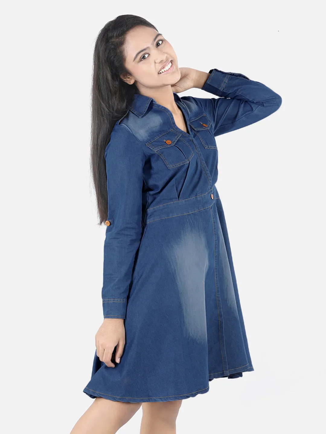 Girl's Denim Long Sleeve Dress - StyleStone Kid