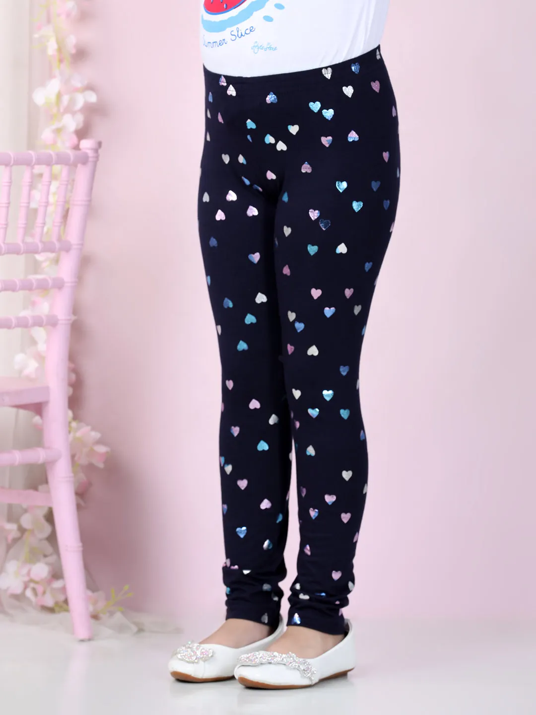 Girl's Heart Foil Print Leggings- Navy - Stylestone Kid