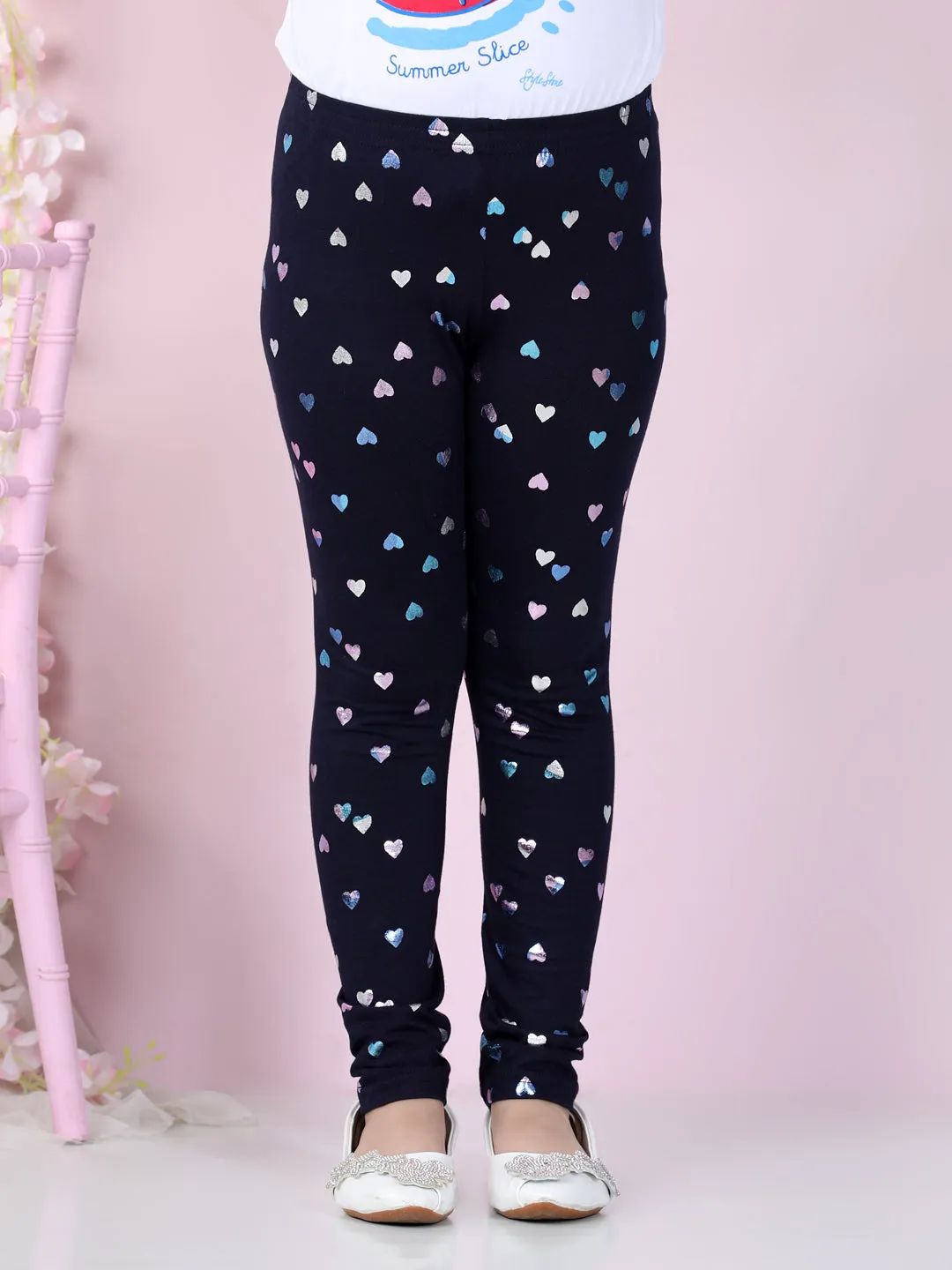 Girl's Heart Foil Print Leggings- Navy - Stylestone Kid