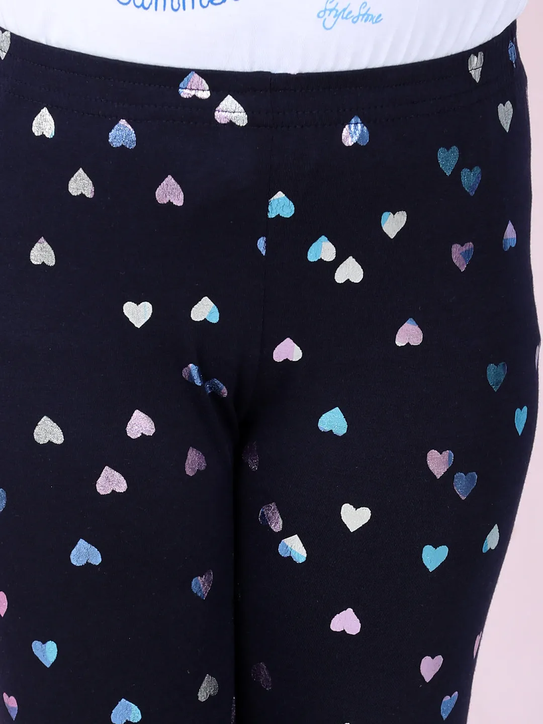 Girl's Heart Foil Print Leggings- Navy - Stylestone Kid