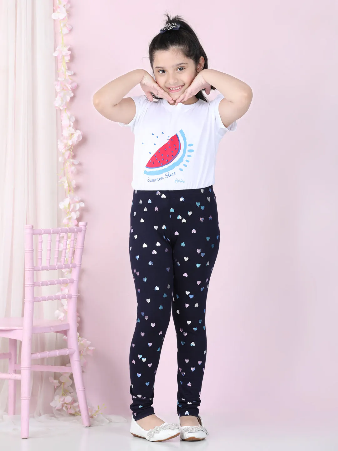 Girl's Heart Foil Print Leggings- Navy - Stylestone Kid