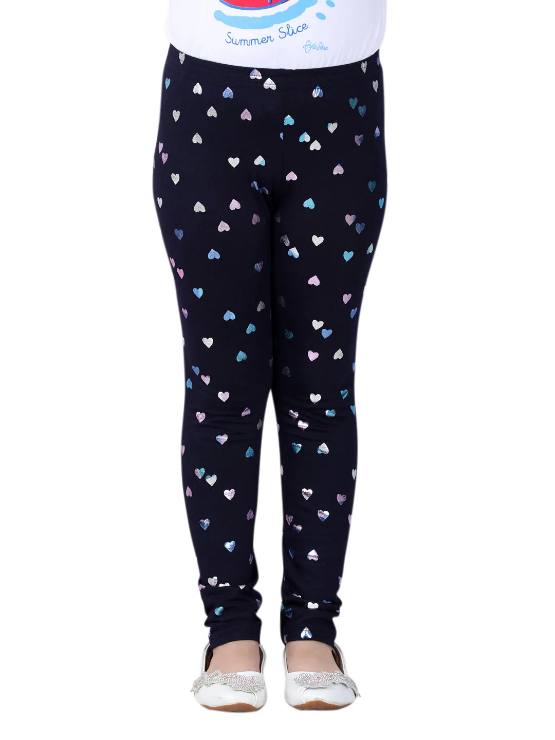 Girl's Heart Foil Print Leggings- Navy - Stylestone Kid