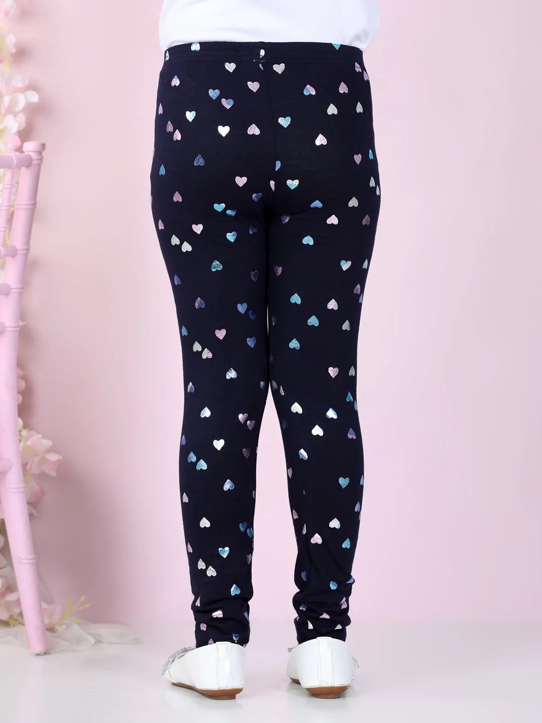 Girl's Heart Foil Print Leggings- Navy - Stylestone Kid