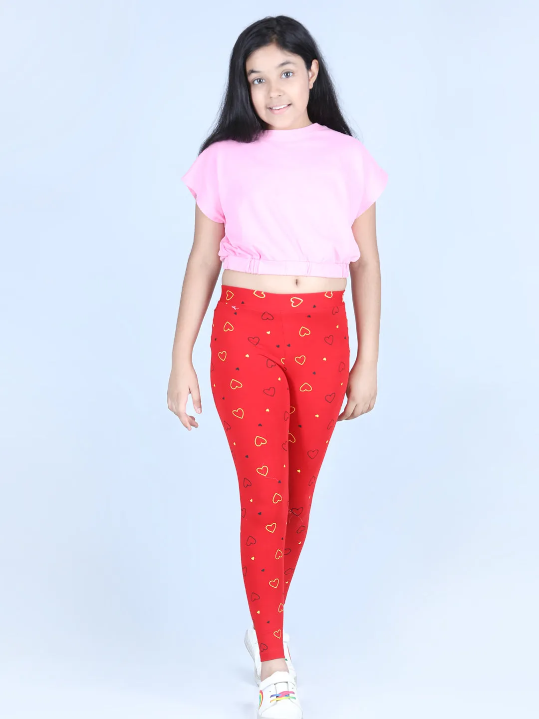 Girl's Heart Printed Leggings With Flat Waistband- Red - Stylestone Kid