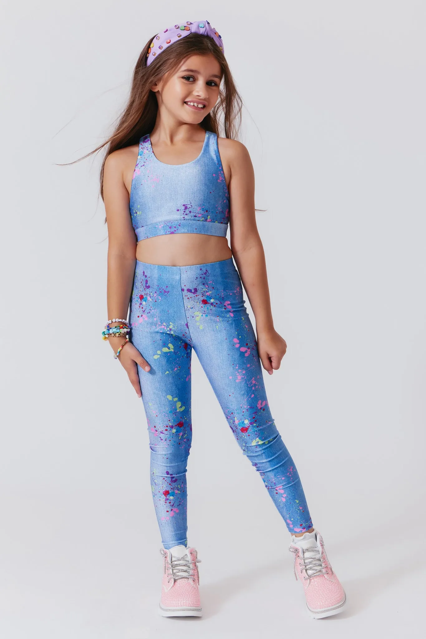 Girls Hi-Shine Leggings in Denim Paint Splatter