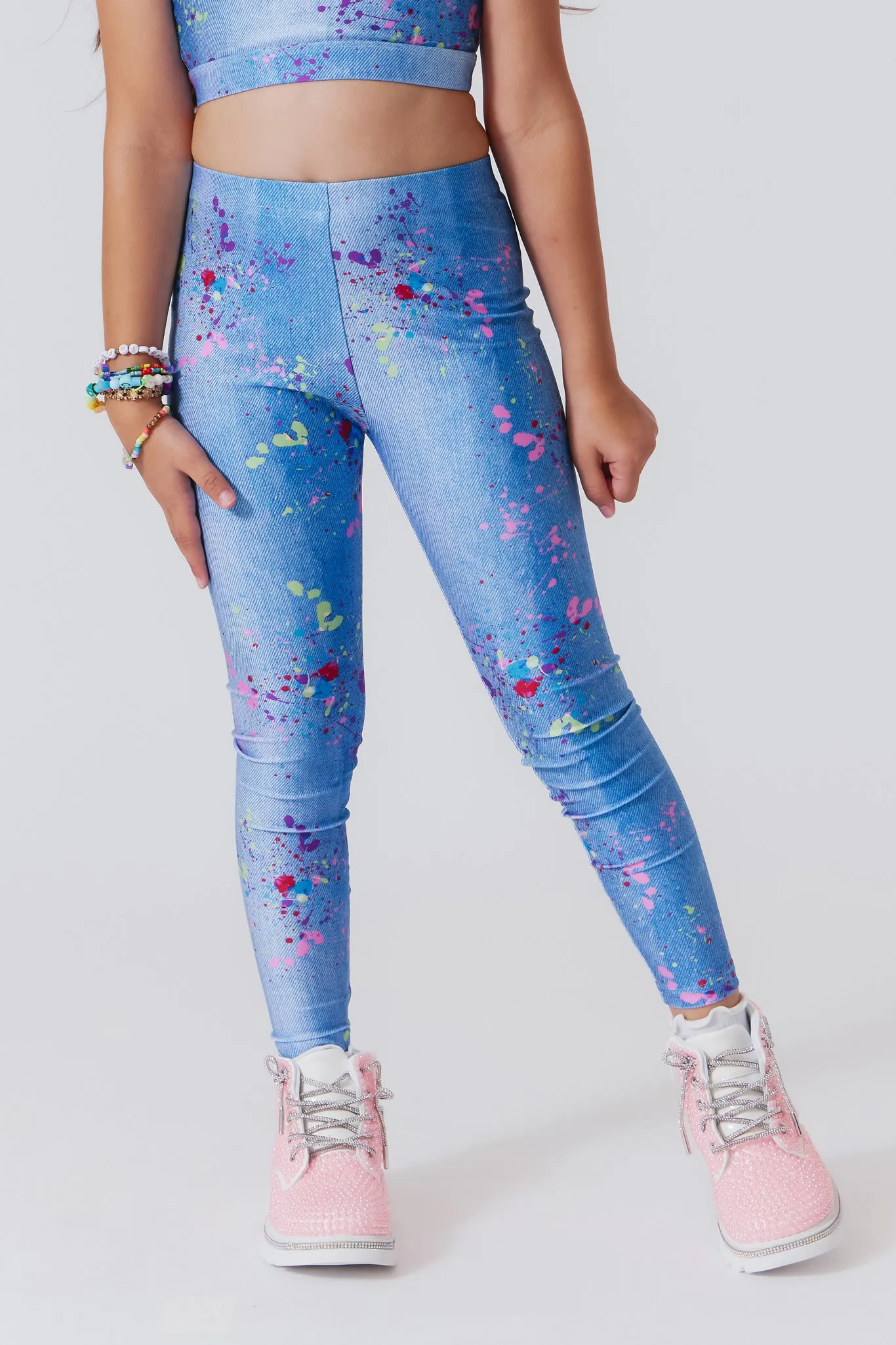 Girls Hi-Shine Leggings in Denim Paint Splatter