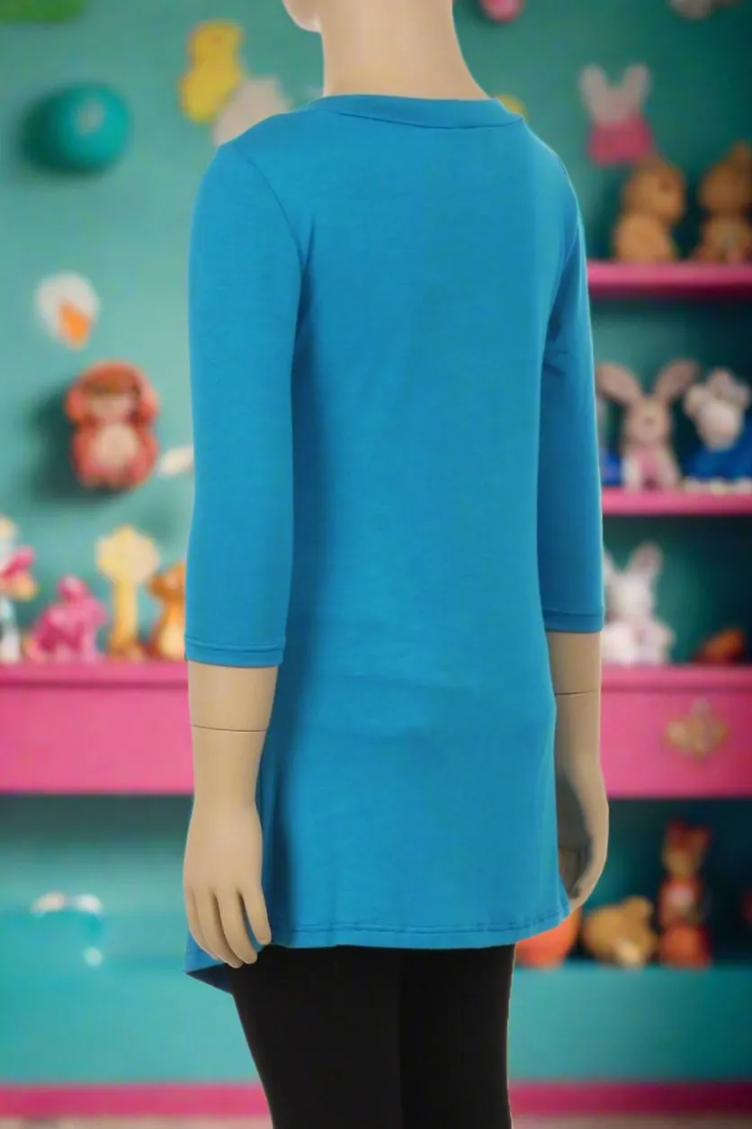 Girls High-Low Dress, Long Tunic Top, Sizes 6/8/10/12, Teal Blue