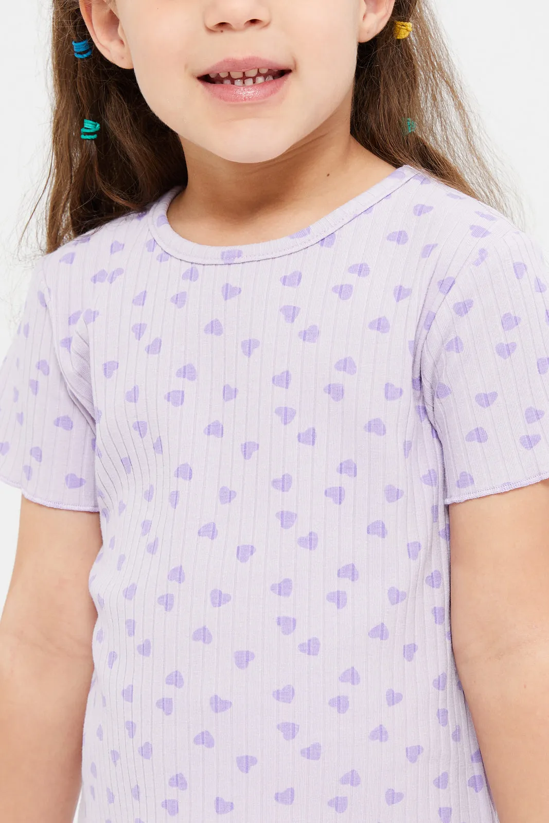 Girls Lilac Printed Rib T-Shirt