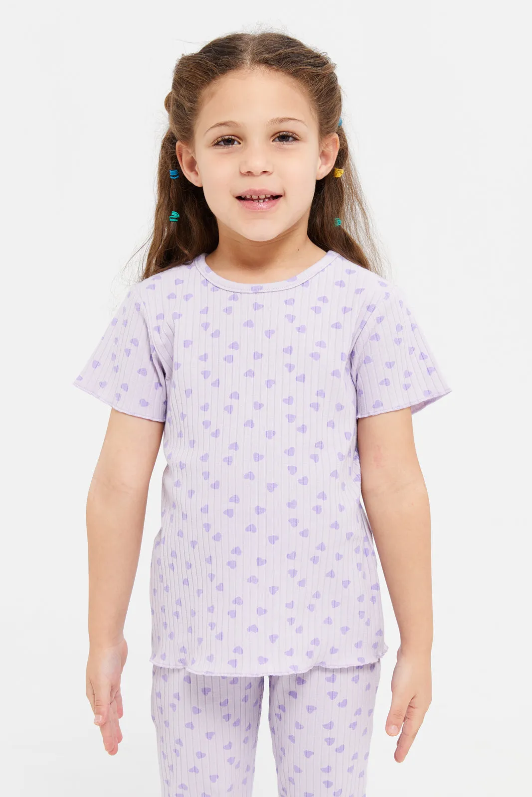 Girls Lilac Printed Rib T-Shirt