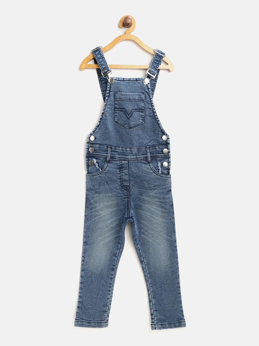 Girl's Lycra Denim Scratch Style Distressed Dungaree - StyleStone Kid