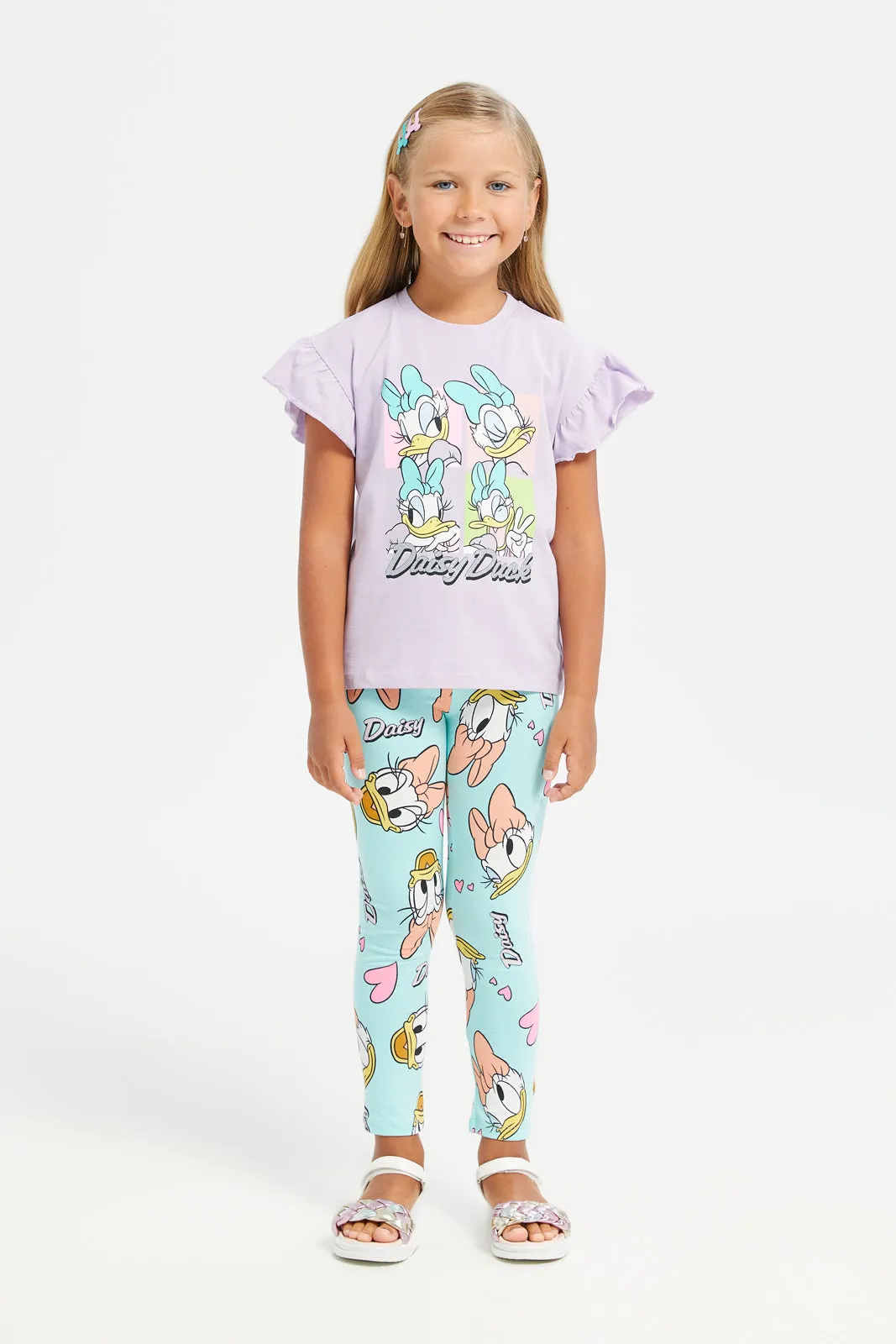 Girls Mint Daisy Duck Printed Leggings