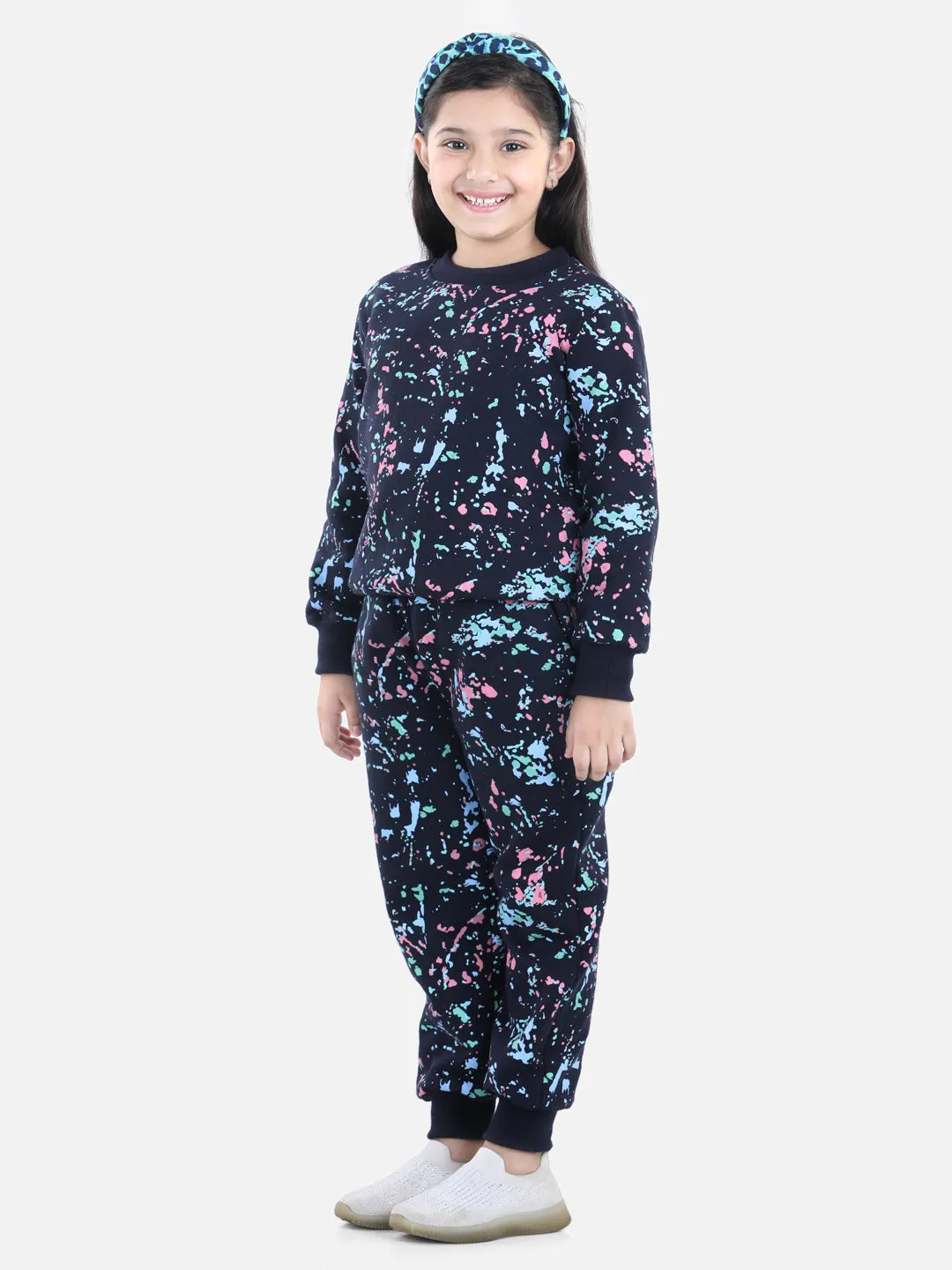 Girl's Navy Base Splash Printed Track Suit Set - StyleStone Kid