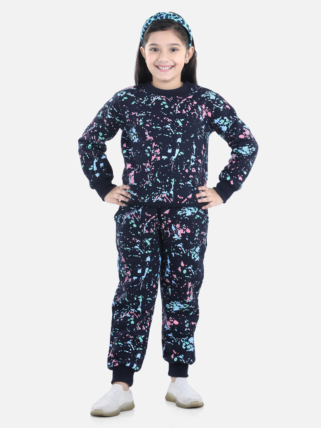 Girl's Navy Base Splash Printed Track Suit Set - StyleStone Kid