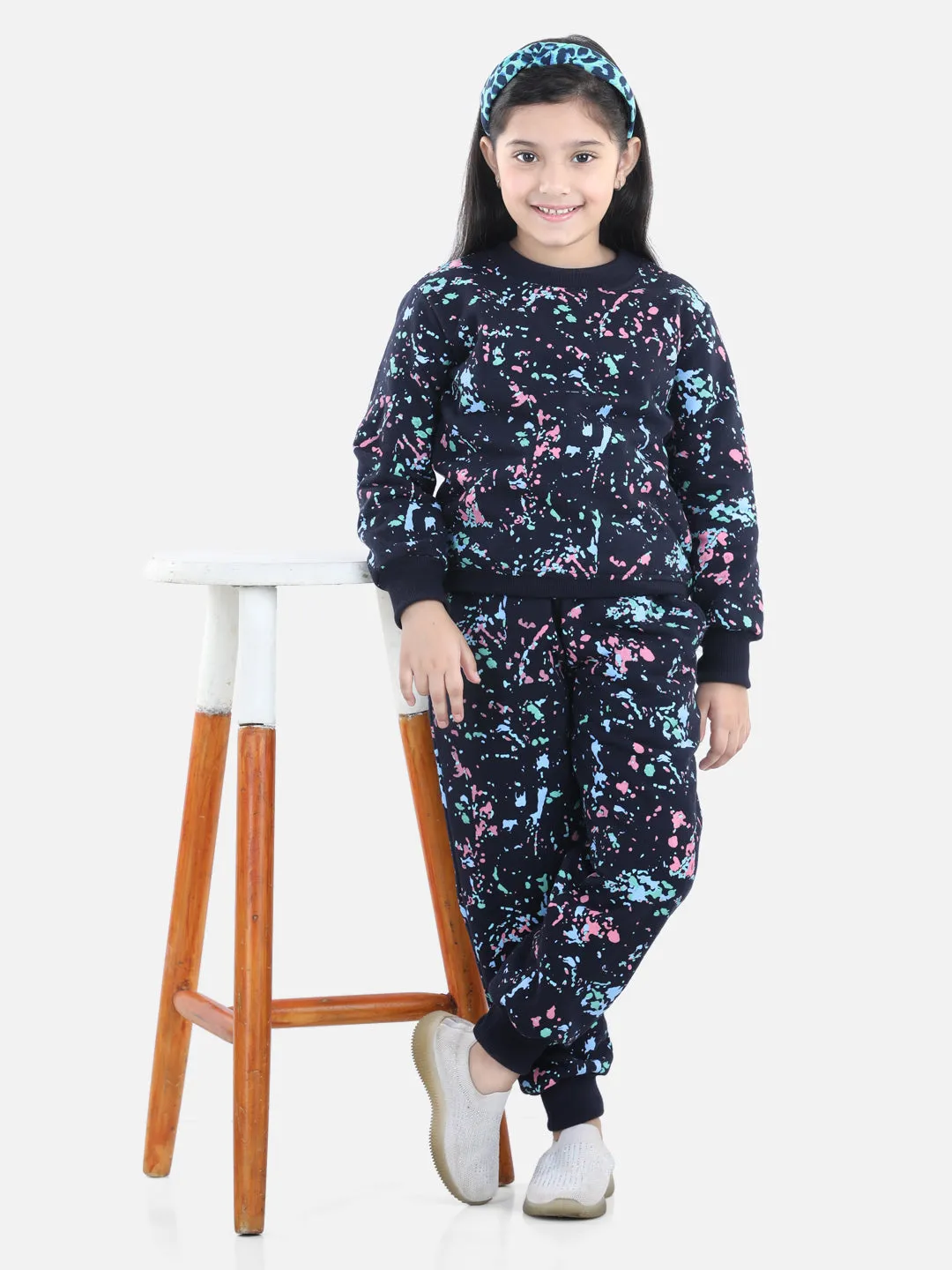 Girl's Navy Base Splash Printed Track Suit Set - StyleStone Kid