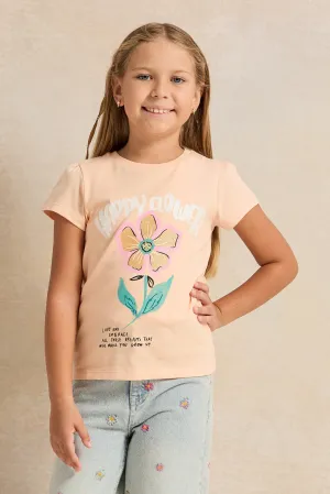 Girls Orange Happy Flower Printed T-Shirt