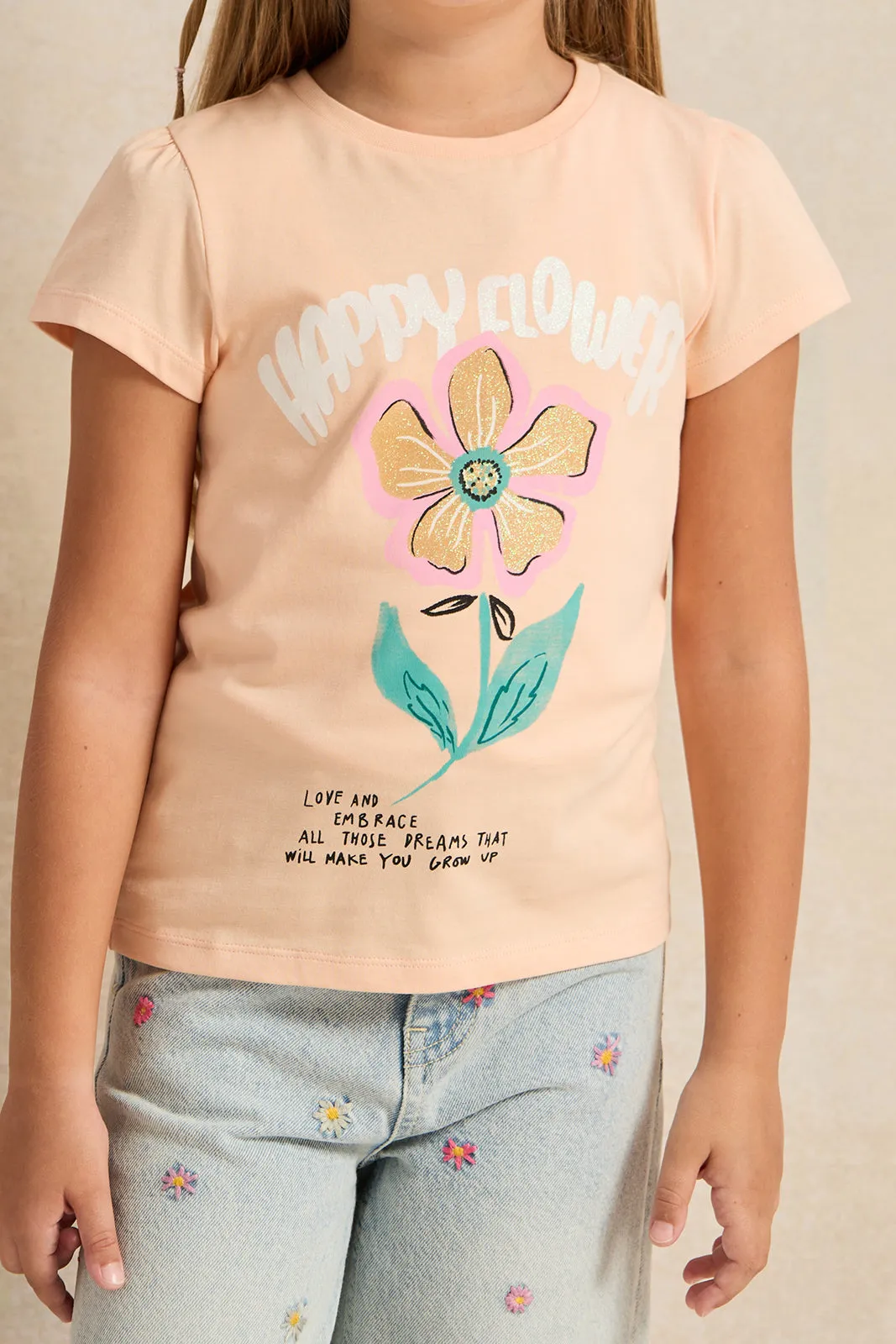 Girls Orange Happy Flower Printed T-Shirt