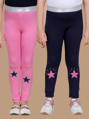 Girl's Pack Of 2 Star Printed Leggings- Pink & Black - Stylestone Kid